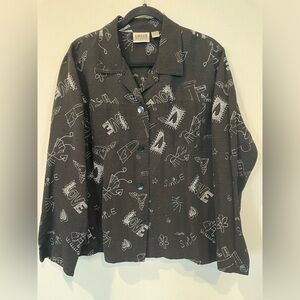 CHICOS Womens Button Down Shirt Love Smole Print 70%Silk 30%Linen Black Size 3